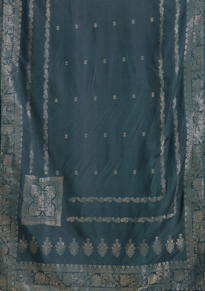 Peacock Blue Zariwork Semi Crepe Readymade Salwar Suit-Koskii