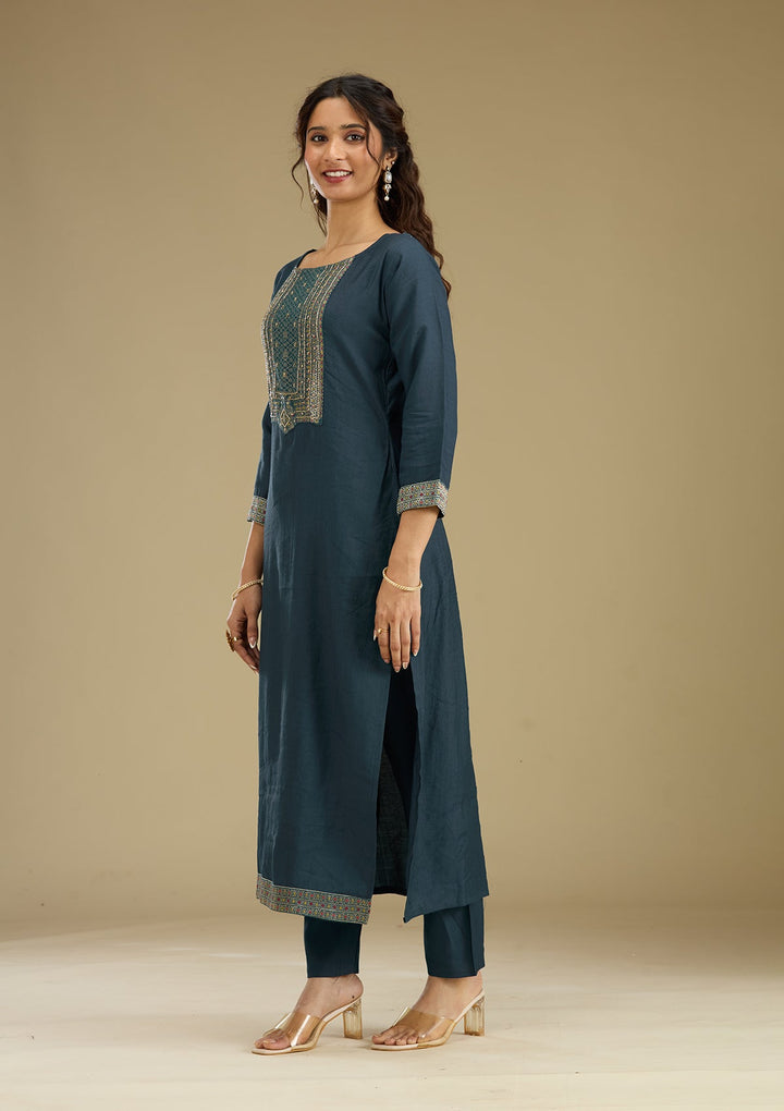Peacock Blue Zariwork Semi Crepe Readymade Salwar Suit-Koskii