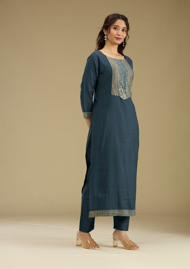 Peacock Blue Zariwork Semi Crepe Readymade Salwar Suit-Koskii