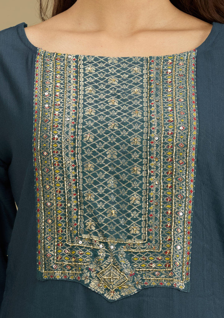 Peacock Blue Zariwork Semi Crepe Readymade Salwar Suit-Koskii