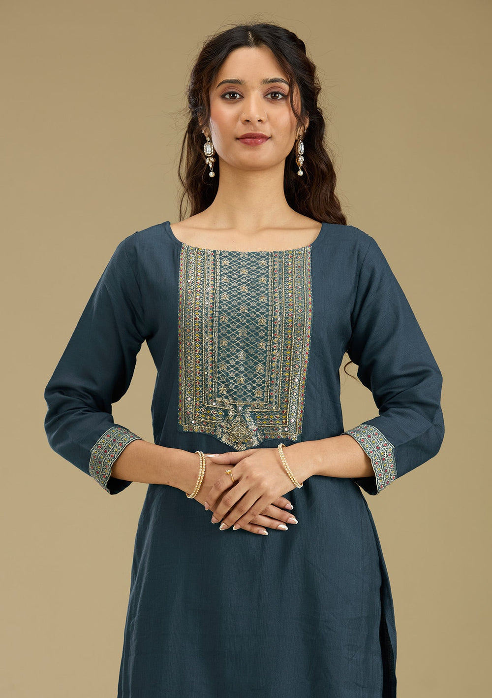 Peacock Blue Zariwork Semi Crepe Readymade Salwar Suit-Koskii