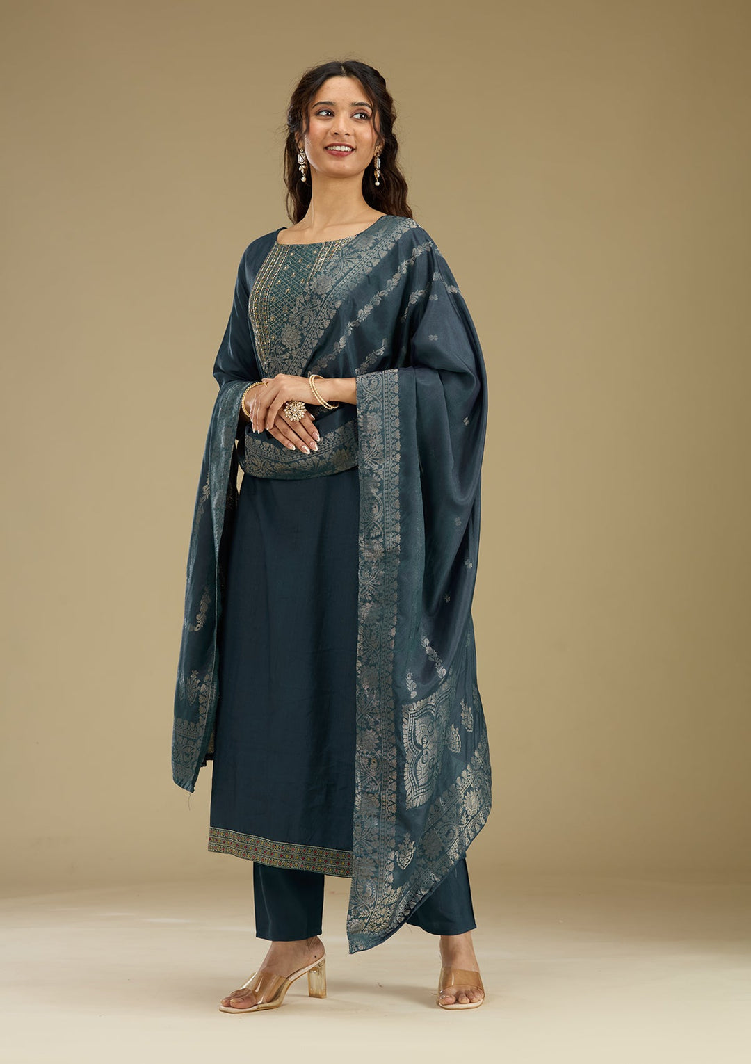 Peacock Blue Zariwork Semi Crepe Readymade Salwar Suit-Koskii