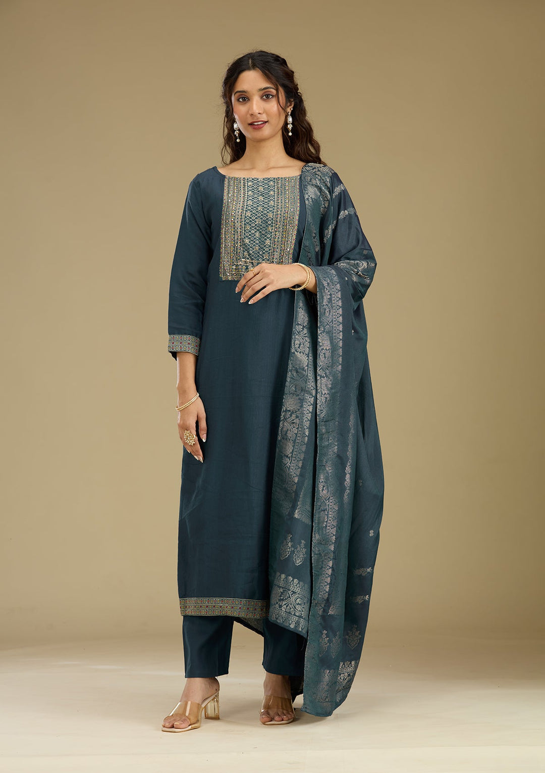 Peacock Blue Zariwork Semi Crepe Readymade Salwar Suit-Koskii