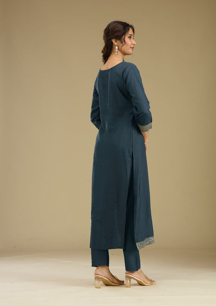 Peacock Blue Zariwork Semi Crepe Readymade Salwar Suit-Koskii