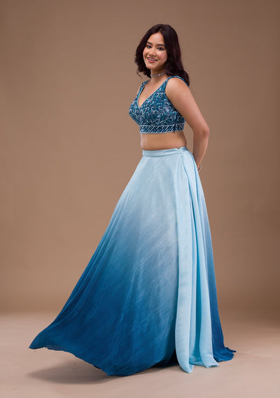 Peacock Blue Cutdana Lycra Readymade Lehenga-Koskii