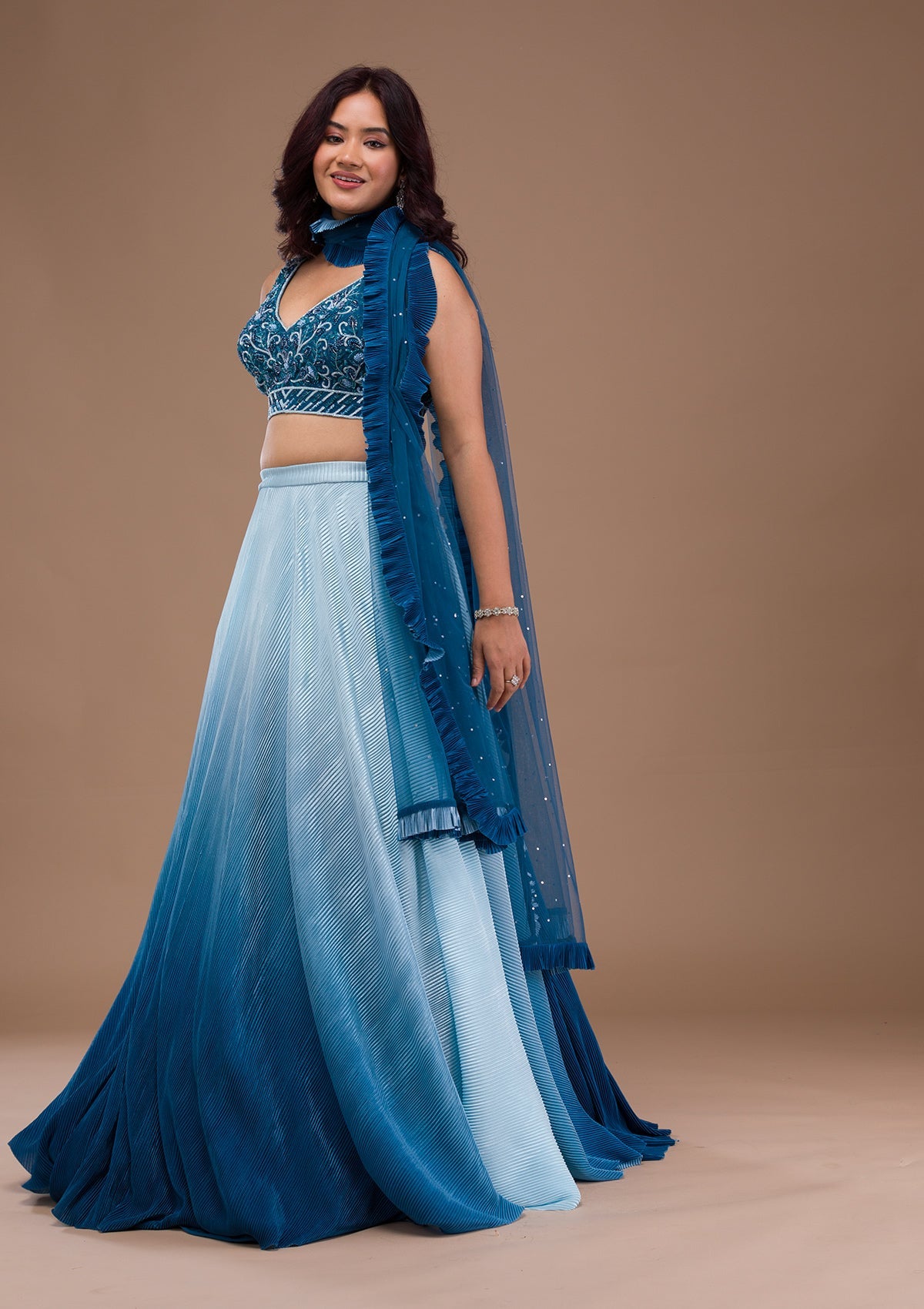 Peacock Blue Cutdana Lycra Readymade Lehenga-Koskii