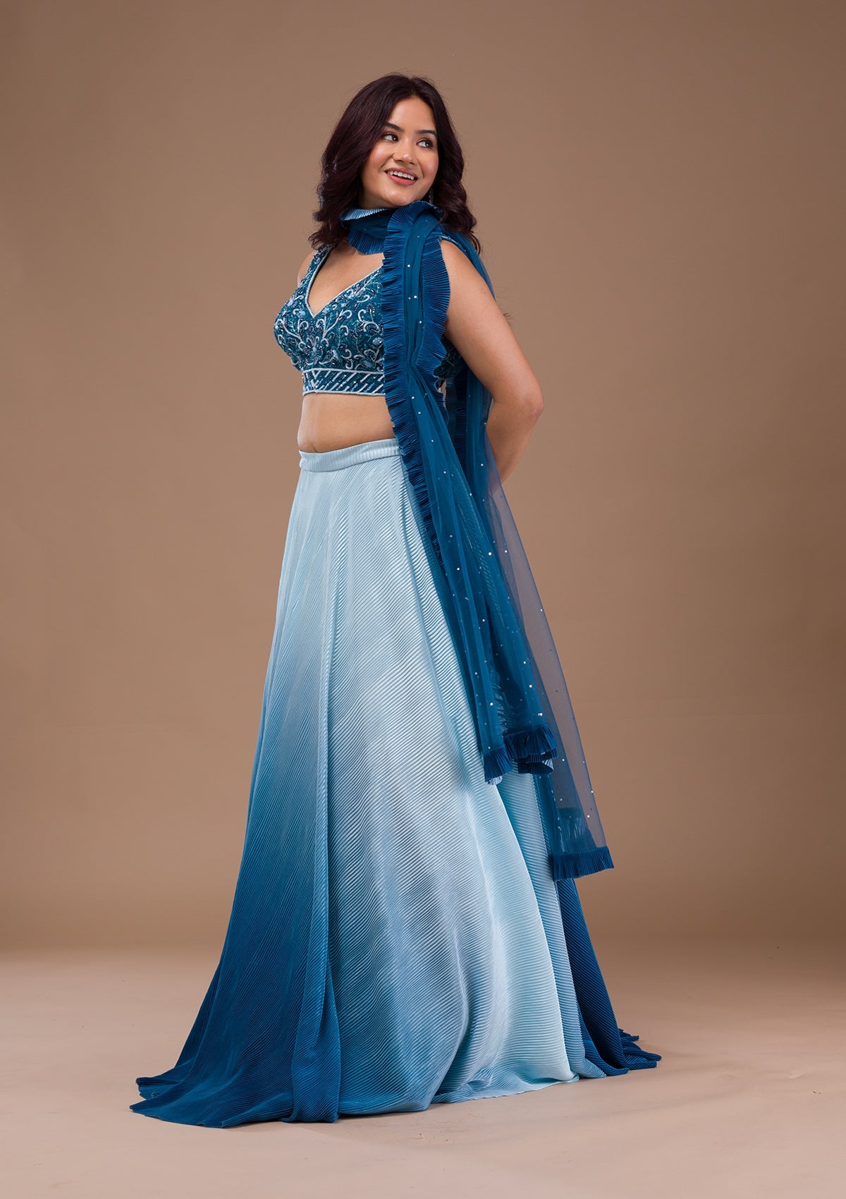 Peacock Blue Cutdana Lycra Readymade Lehenga-Koskii