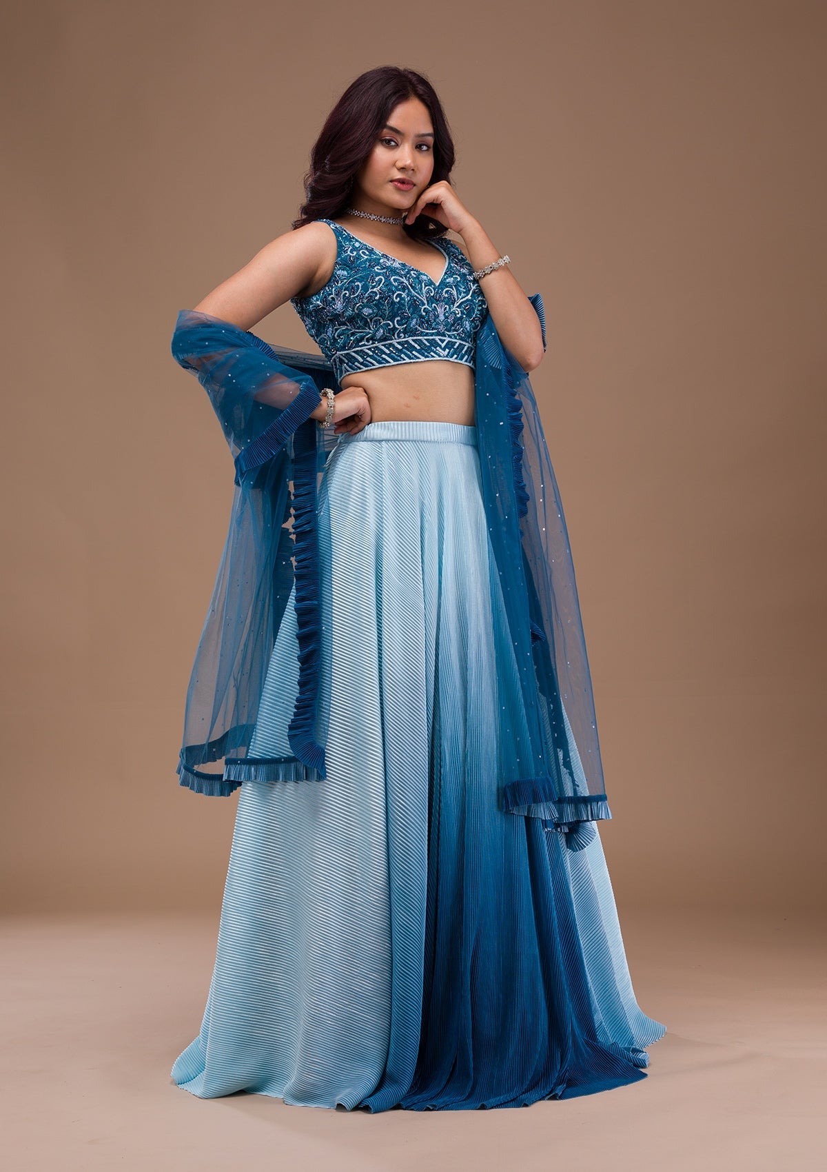 Peacock Blue Cutdana Lycra Readymade Lehenga-Koskii