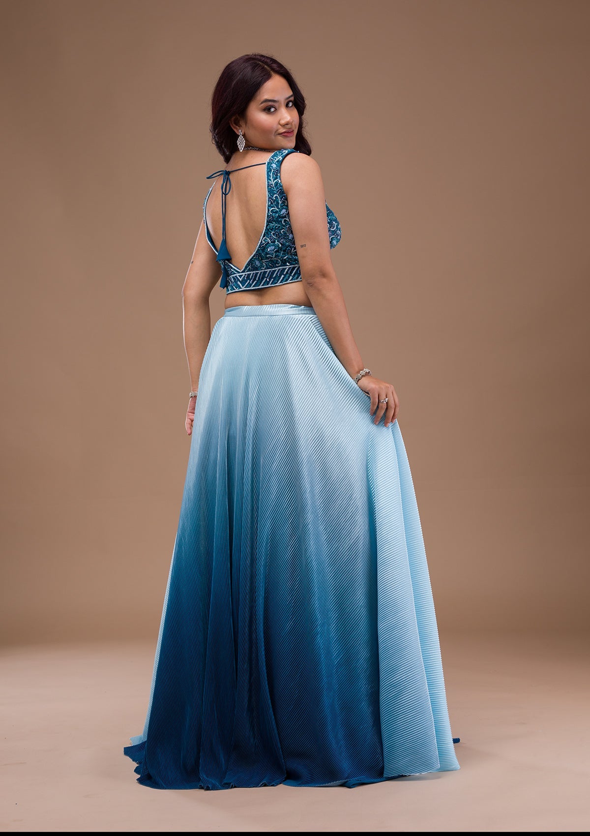 Peacock Blue Cutdana Lycra Readymade Lehenga-Koskii