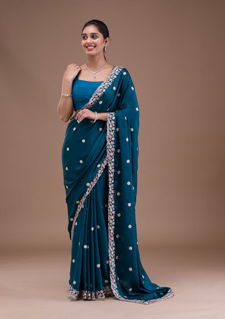 Peacock Blue Gotapatti Satin Saree-Koskii