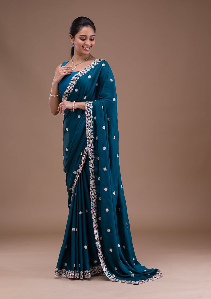 Peacock Blue Gotapatti Satin Saree-Koskii
