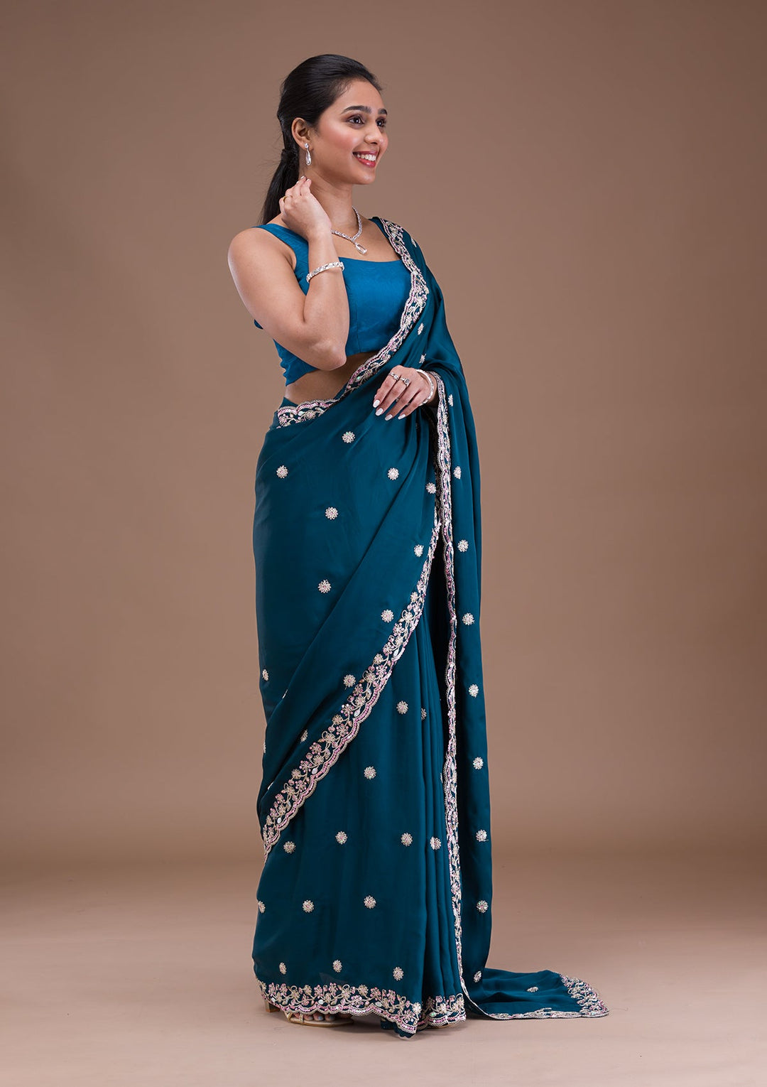Peacock Blue Gotapatti Satin Saree-Koskii
