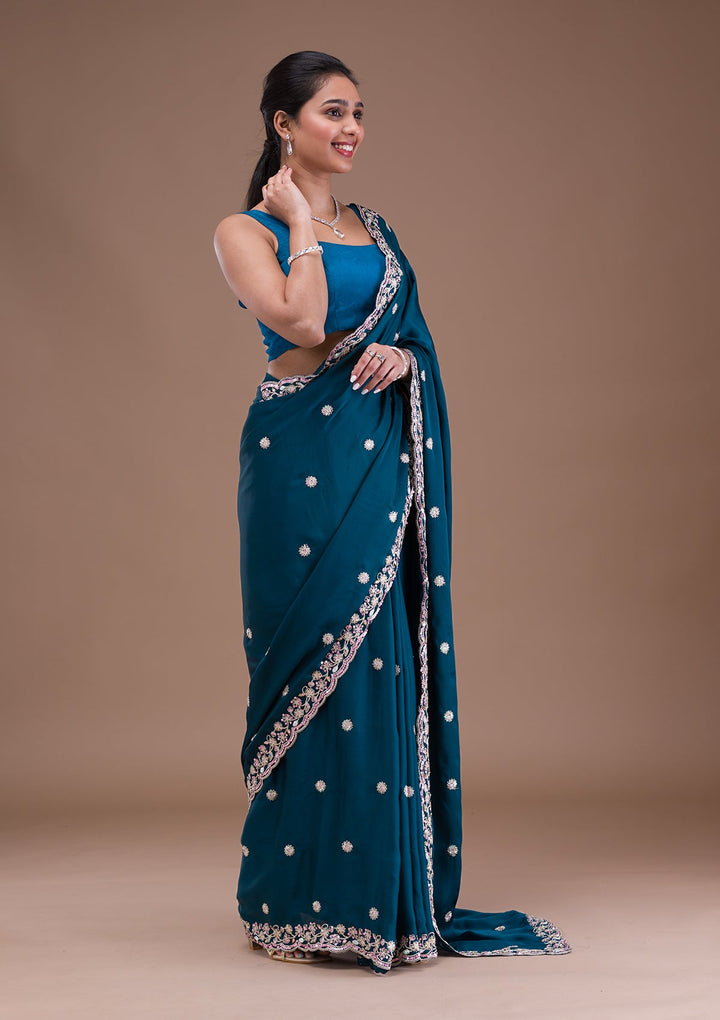 Peacock Blue Gotapatti Satin Saree-Koskii
