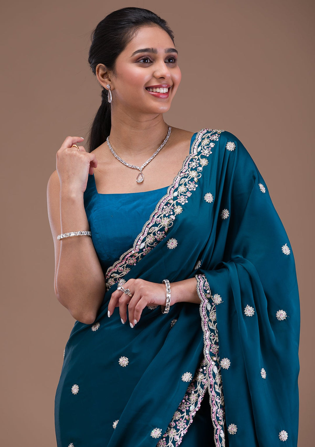 Peacock Blue Gotapatti Satin Saree-Koskii