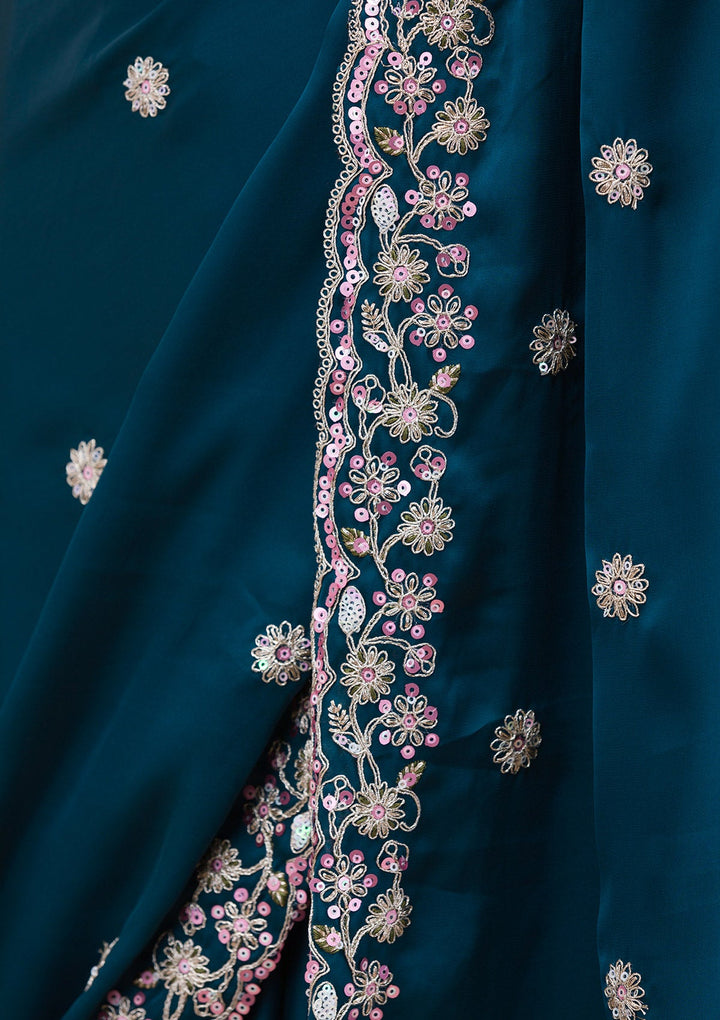 Peacock Blue Gotapatti Satin Saree-Koskii