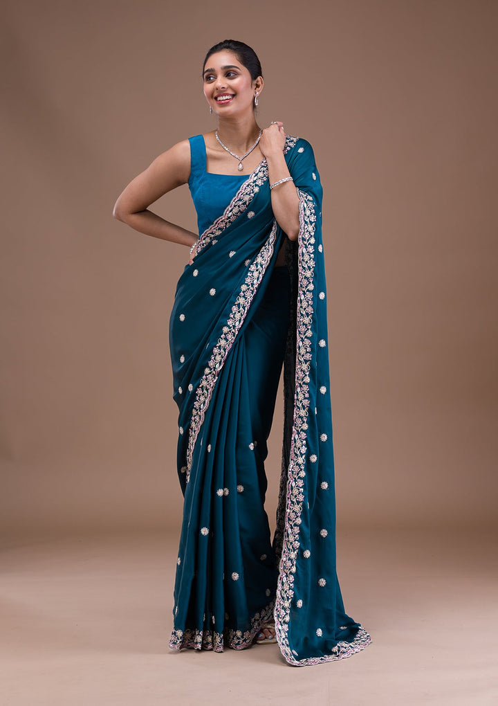 Peacock Blue Gotapatti Satin Saree-Koskii