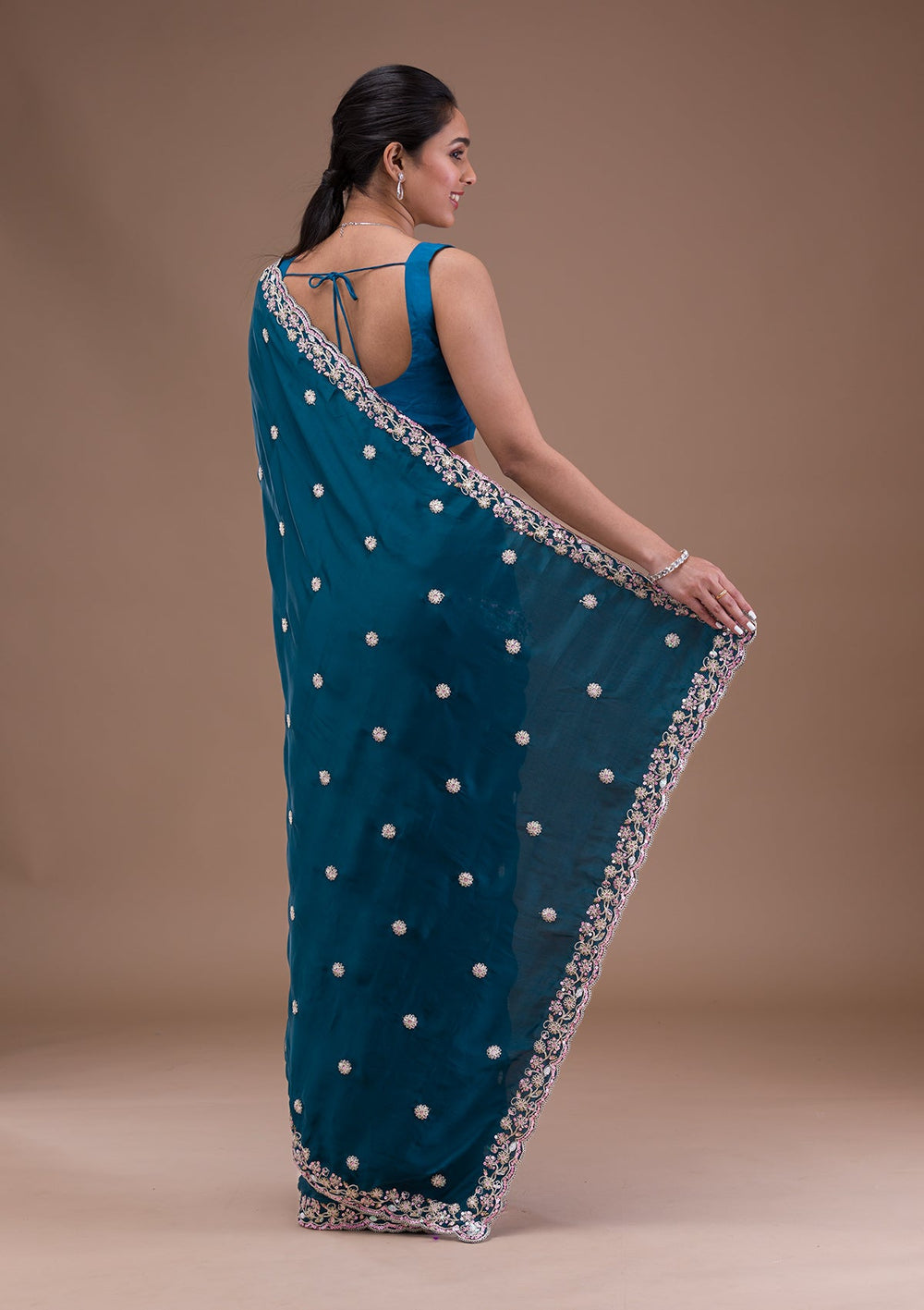 Peacock Blue Gotapatti Satin Saree-Koskii