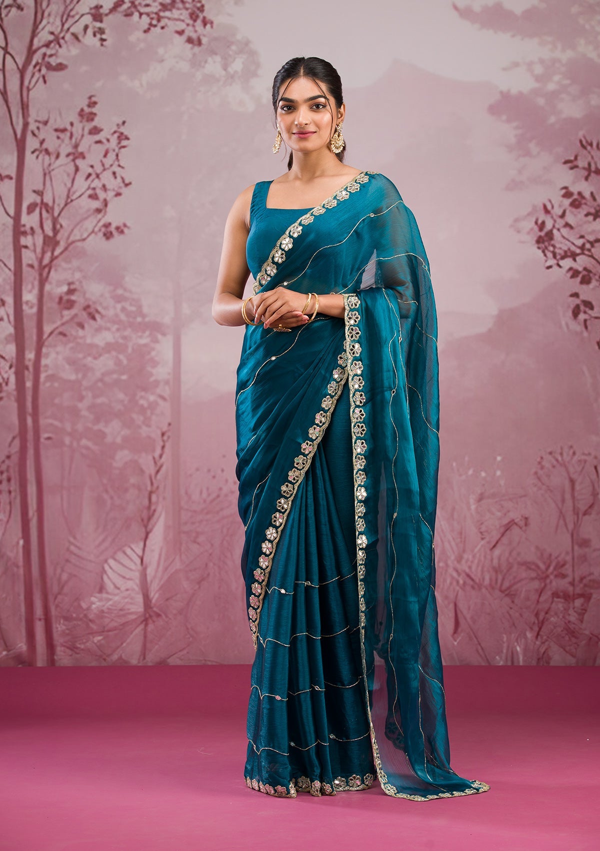 Peacock Blue Mirrorwork Georgette Saree-Koskii