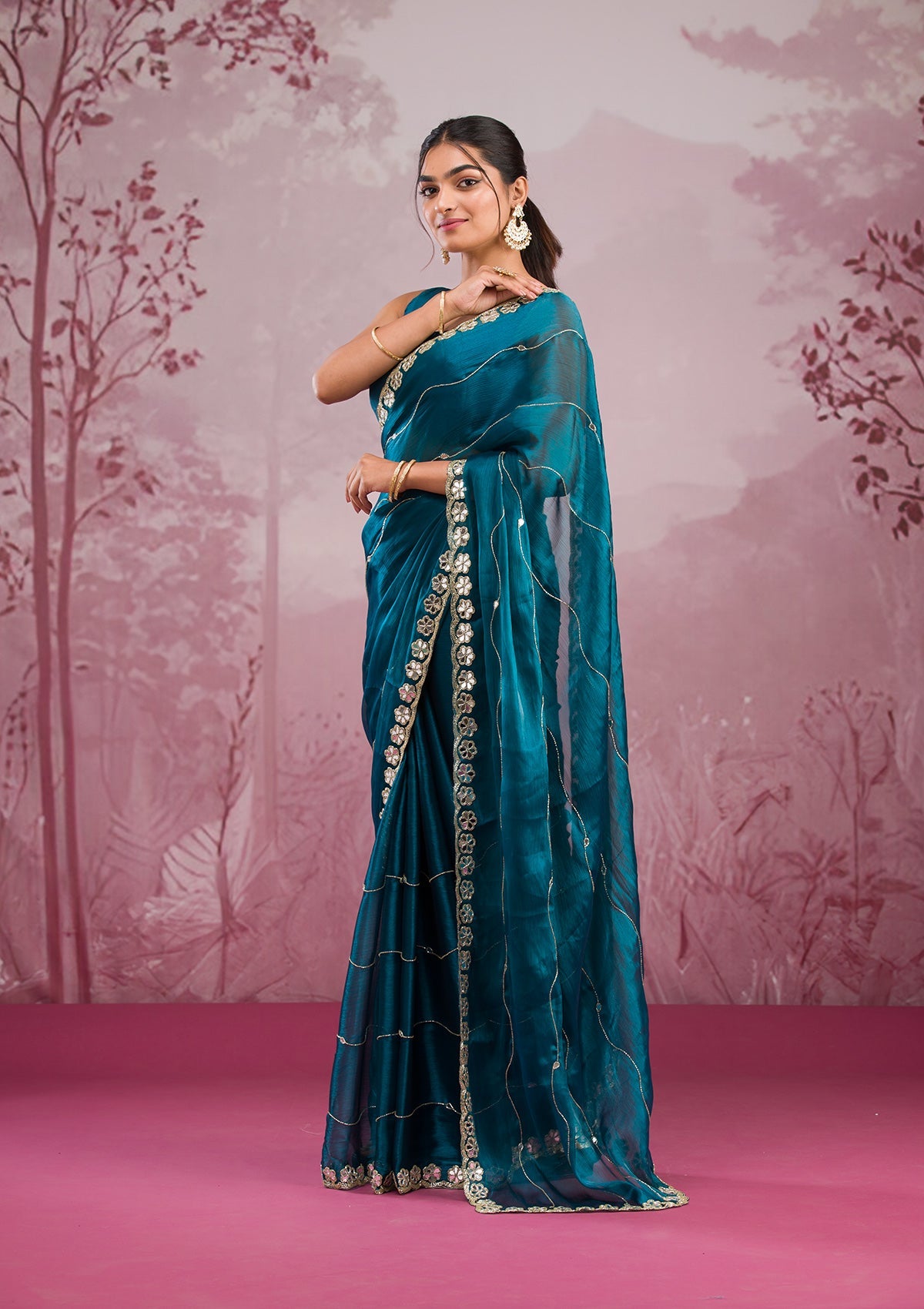 Peacock Blue Mirrorwork Georgette Saree-Koskii