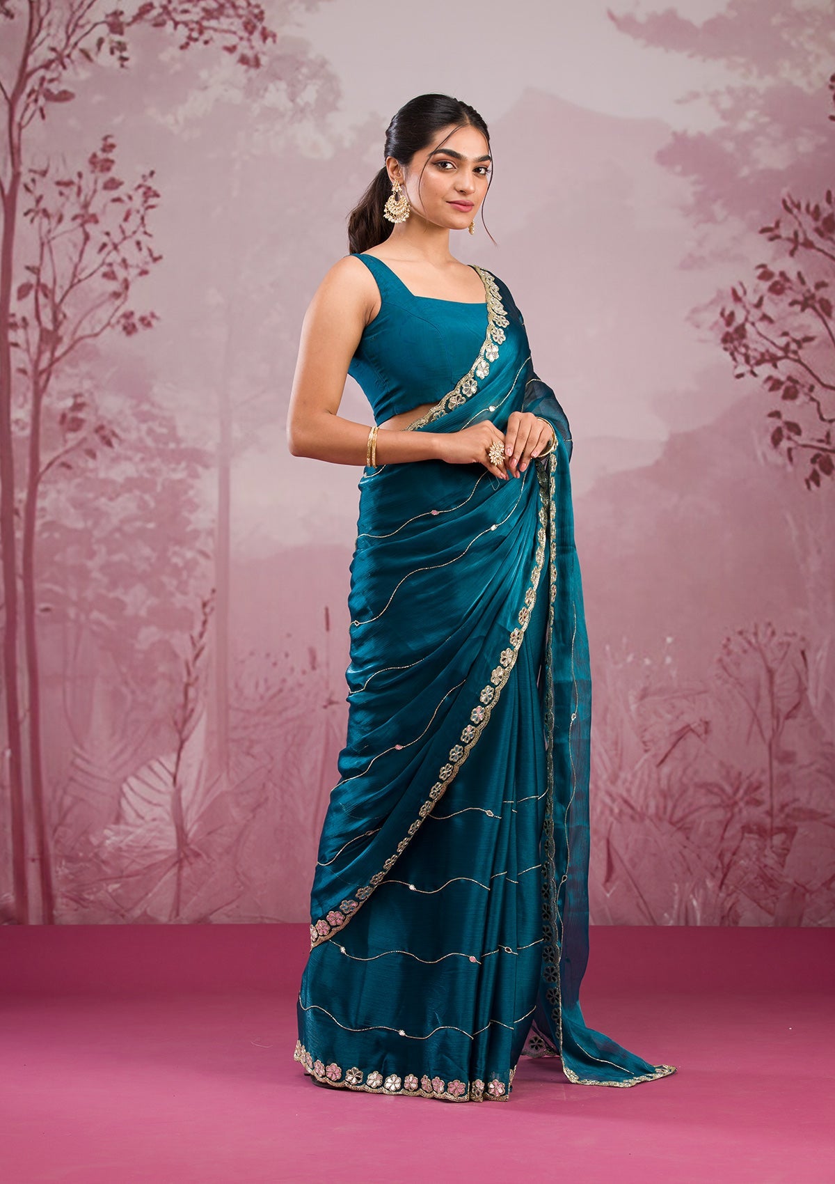 Peacock Blue Mirrorwork Georgette Saree-Koskii