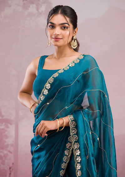 Peacock Blue Mirrorwork Georgette Saree-Koskii