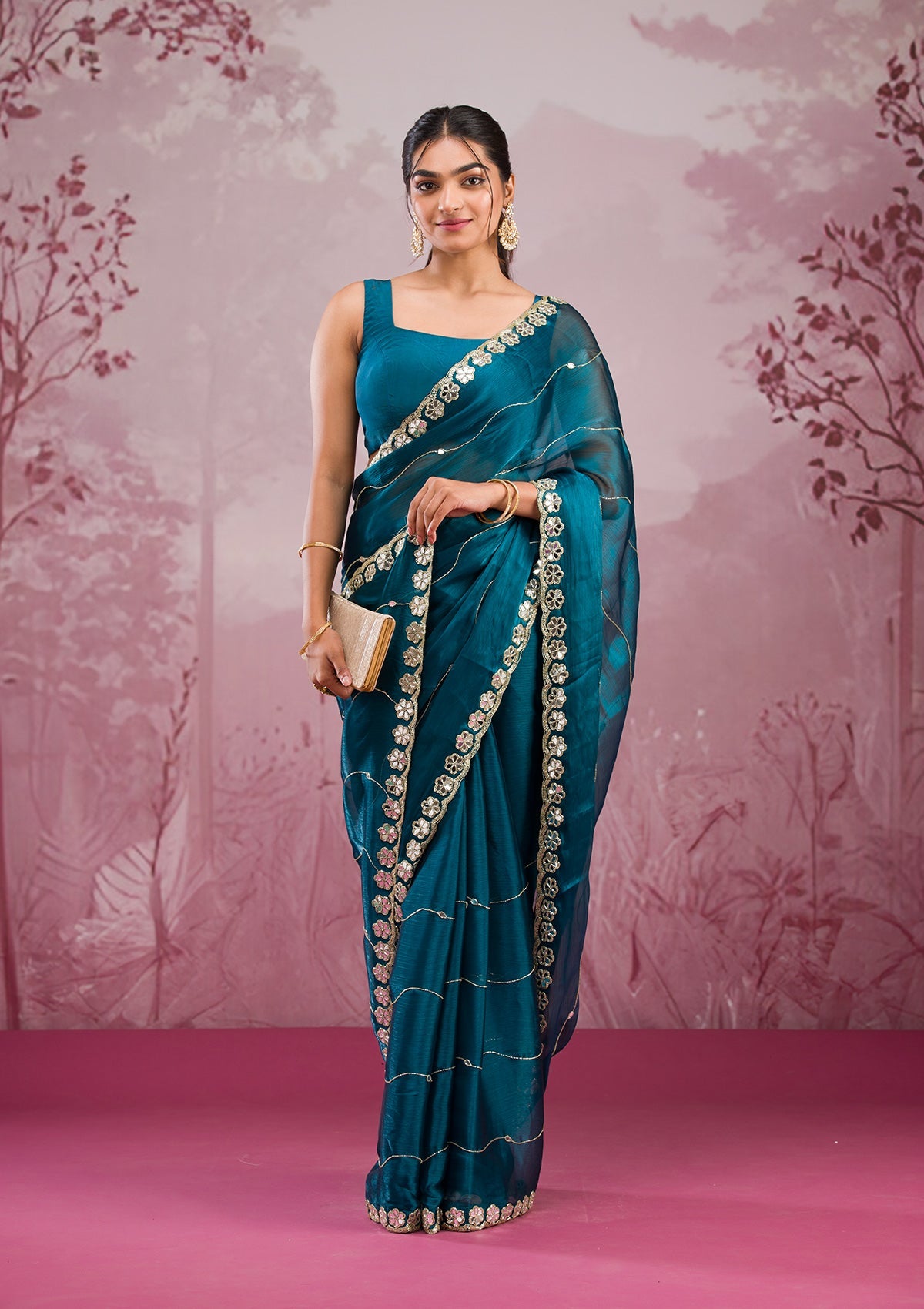 Peacock Blue Mirrorwork Georgette Saree-Koskii