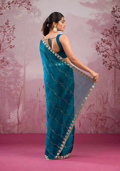 Peacock Blue Mirrorwork Georgette Saree-Koskii