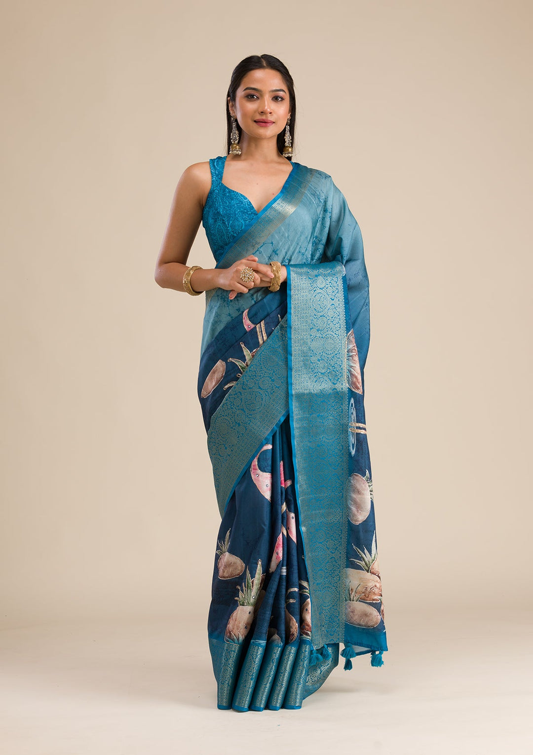 Peacock Blue Printed Art Silk Saree-Koskii