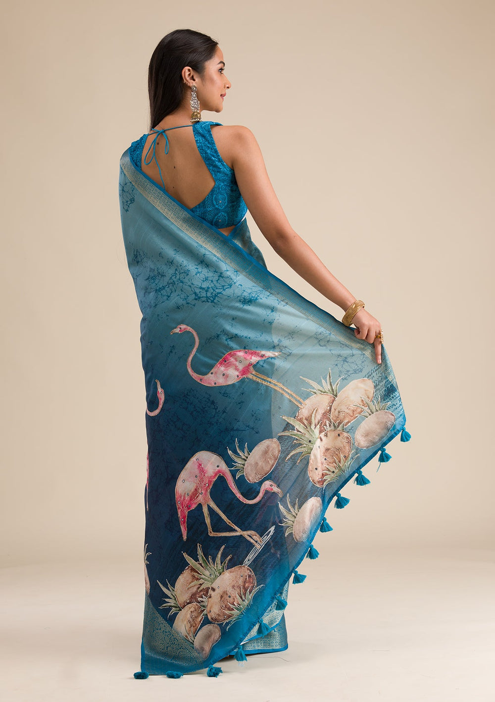 Peacock Blue Printed Art Silk Saree-Koskii