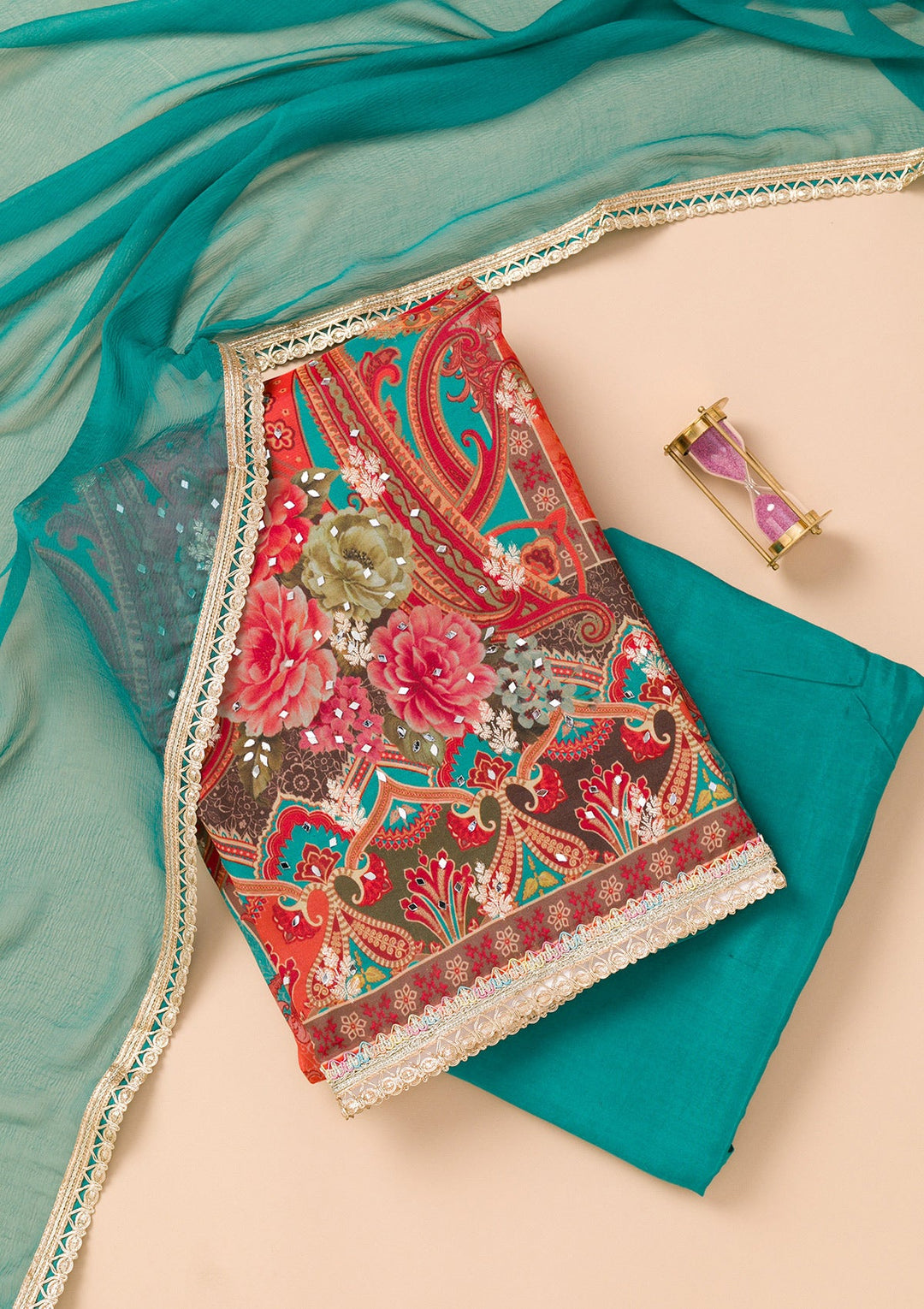 Peacock Blue Printed Georgette Unstitched Salwar Suit-Koskii