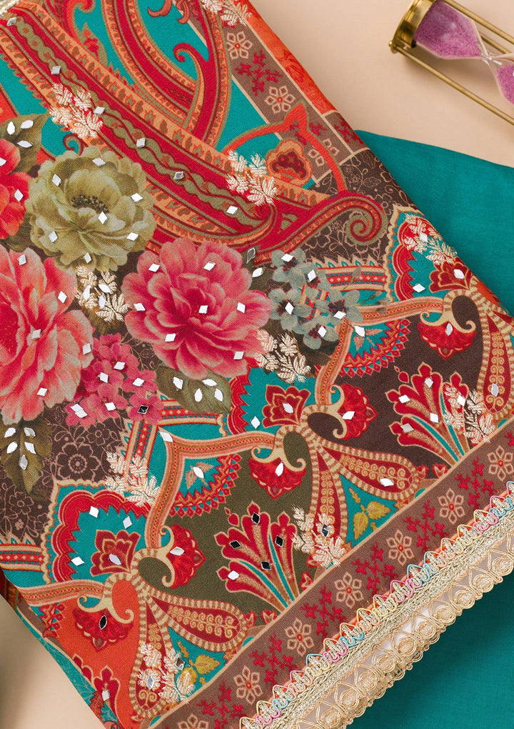 Peacock Blue Printed Georgette Unstitched Salwar Suit-Koskii