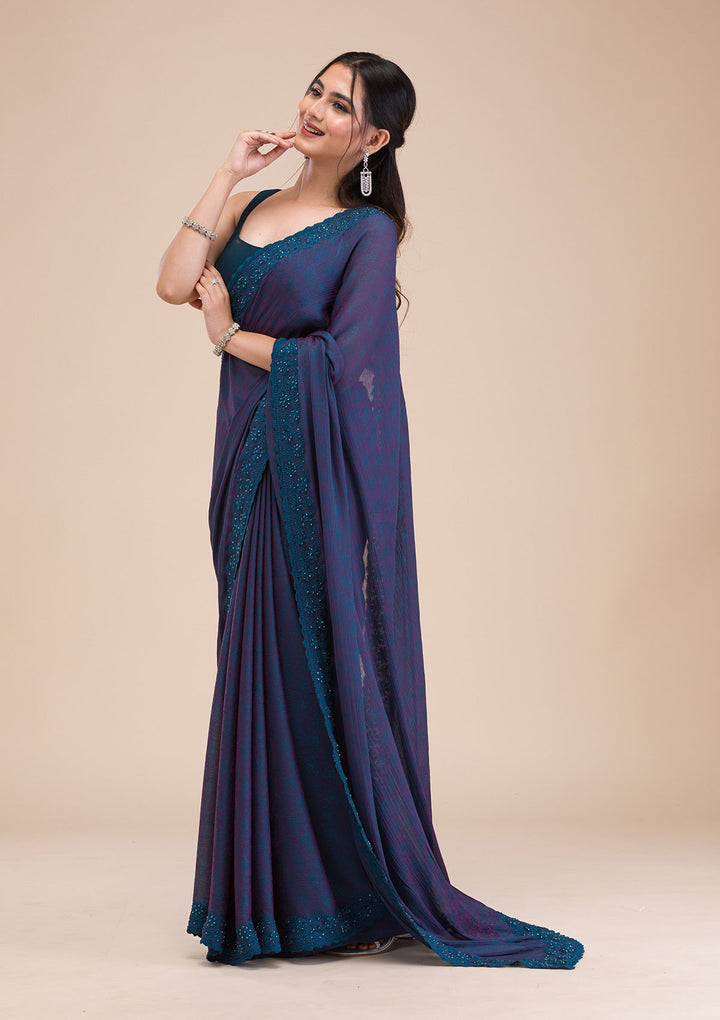 Peacock Blue Printed Georgette Saree-Koskii