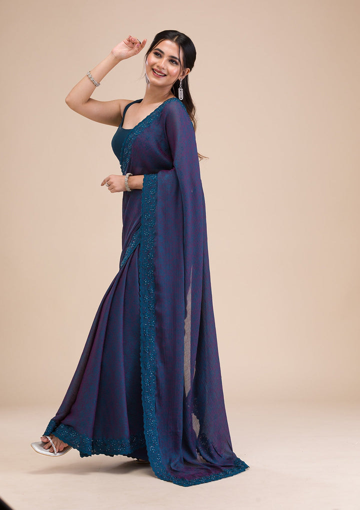 Peacock Blue Printed Georgette Saree-Koskii