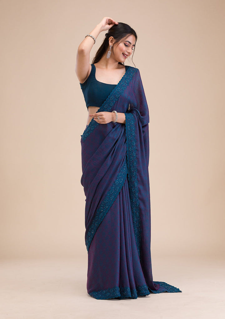 Peacock Blue Printed Georgette Saree-Koskii