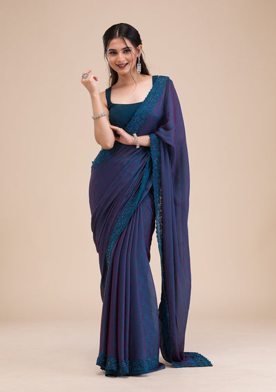 Peacock Blue Printed Georgette Saree-Koskii