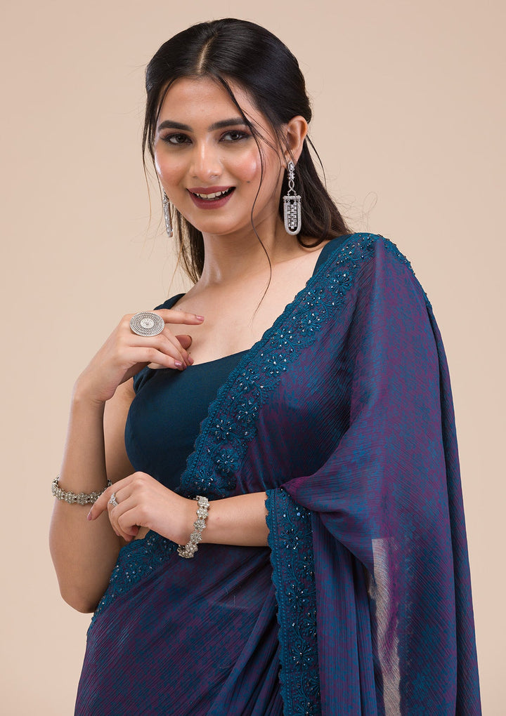 Peacock Blue Printed Georgette Saree-Koskii
