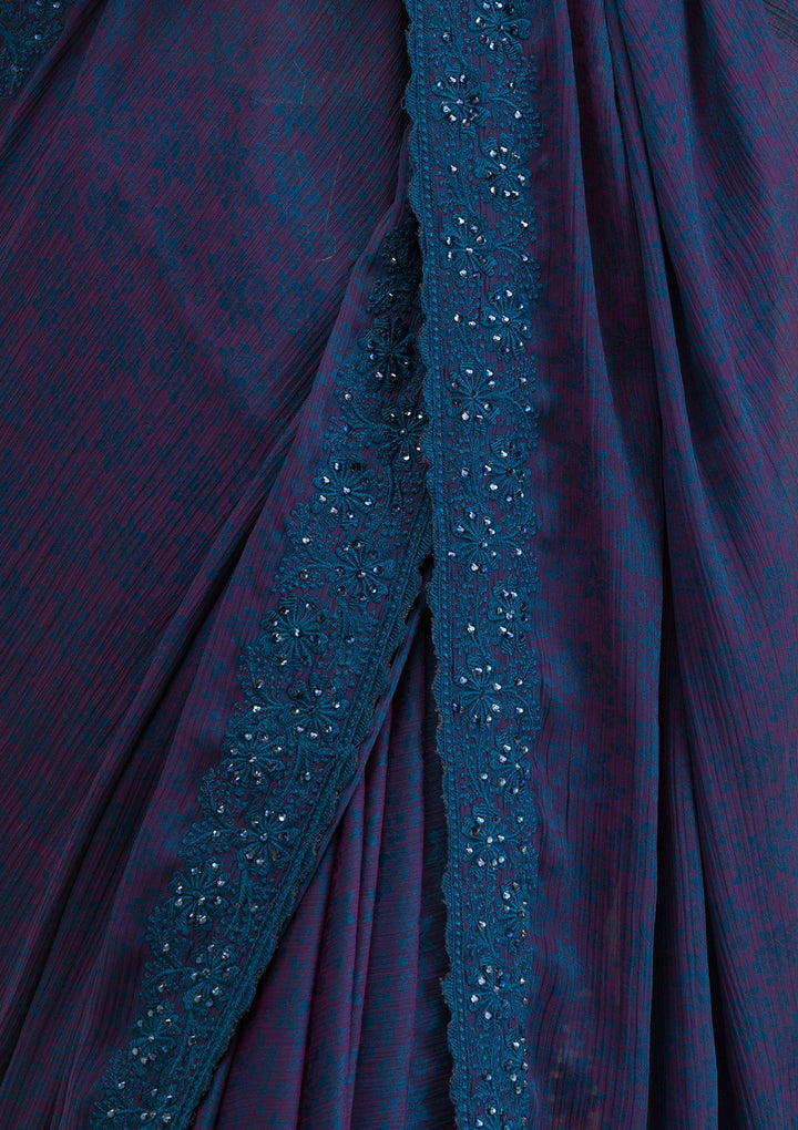 Peacock Blue Printed Georgette Saree-Koskii