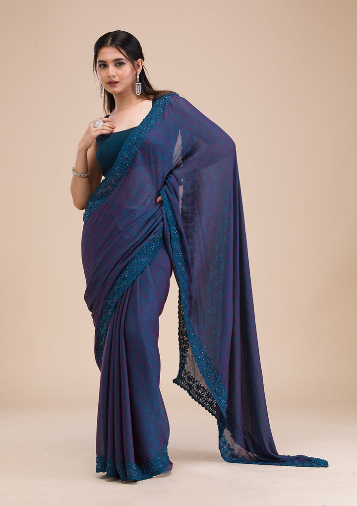 Peacock Blue Printed Georgette Saree-Koskii