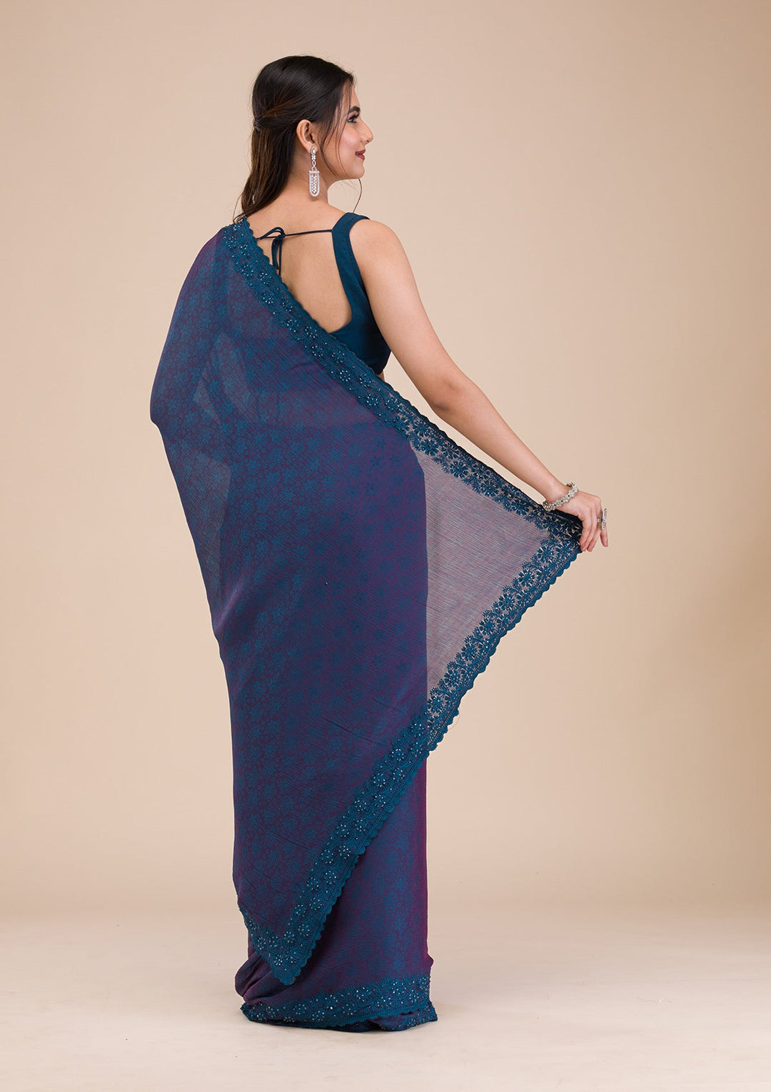 Peacock Blue Printed Georgette Saree-Koskii
