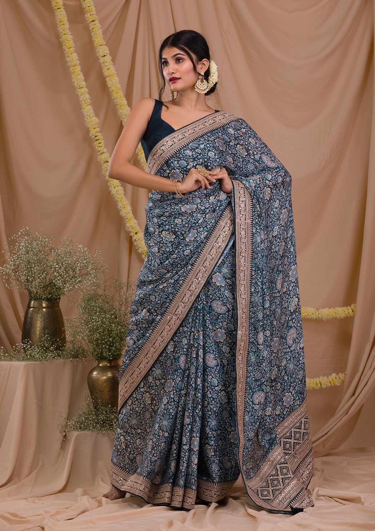 Peacock Blue Printed Organza Saree-Koskii