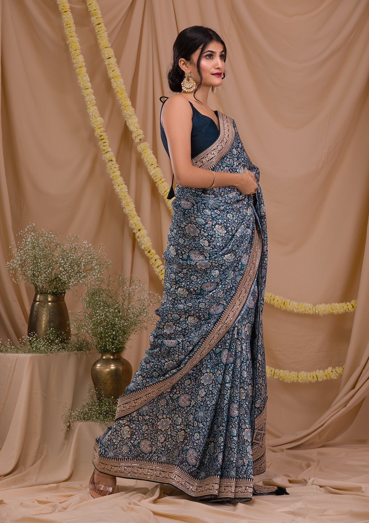 Peacock Blue Printed Organza Saree-Koskii