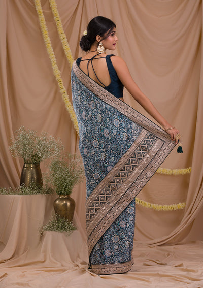 Peacock Blue Printed Organza Saree-Koskii