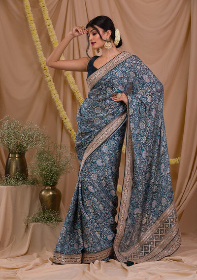 Peacock Blue Printed Organza Saree-Koskii