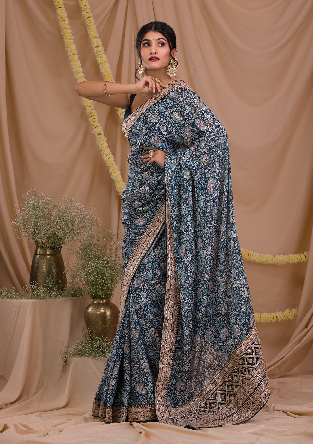 Peacock Blue Printed Organza Saree-Koskii