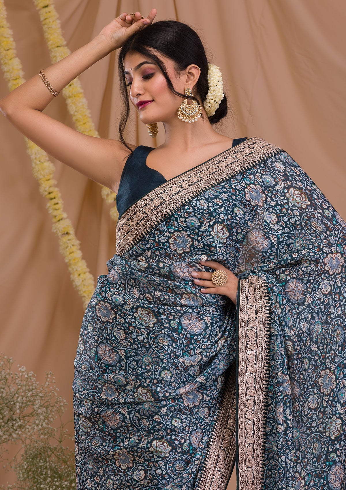 Peacock Blue Printed Organza Saree-Koskii