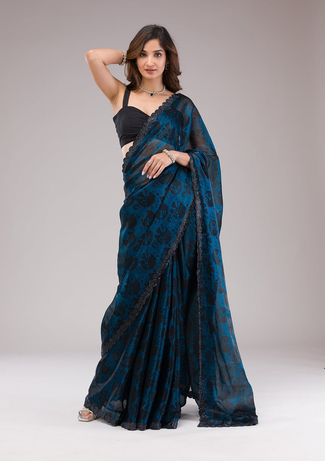 Peacock Blue Printed Organza Saree-Koskii