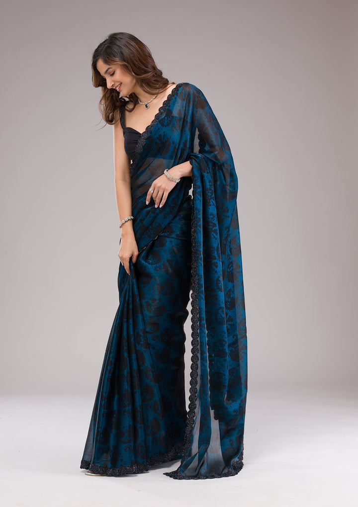 Peacock Blue Printed Organza Saree-Koskii