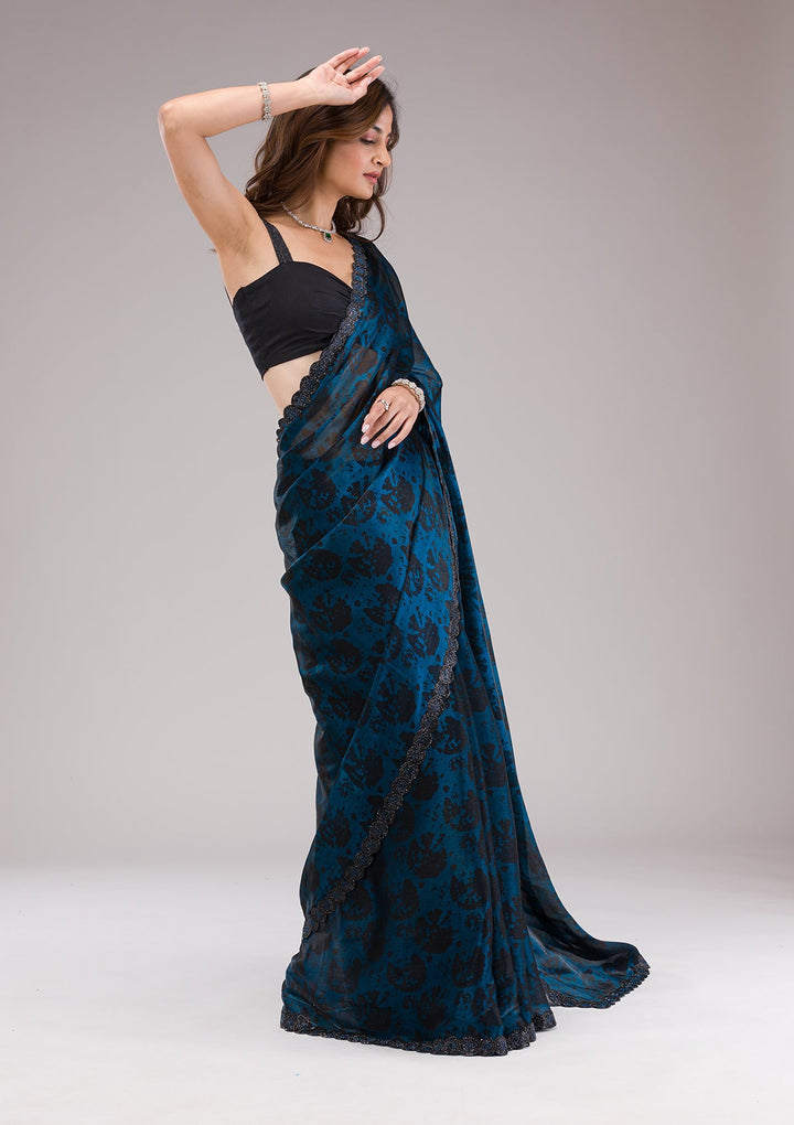 Peacock Blue Printed Organza Saree-Koskii
