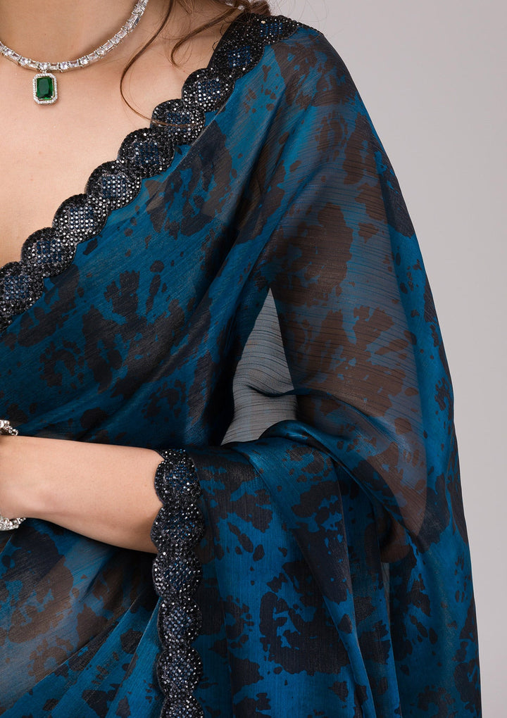 Peacock Blue Printed Organza Saree-Koskii