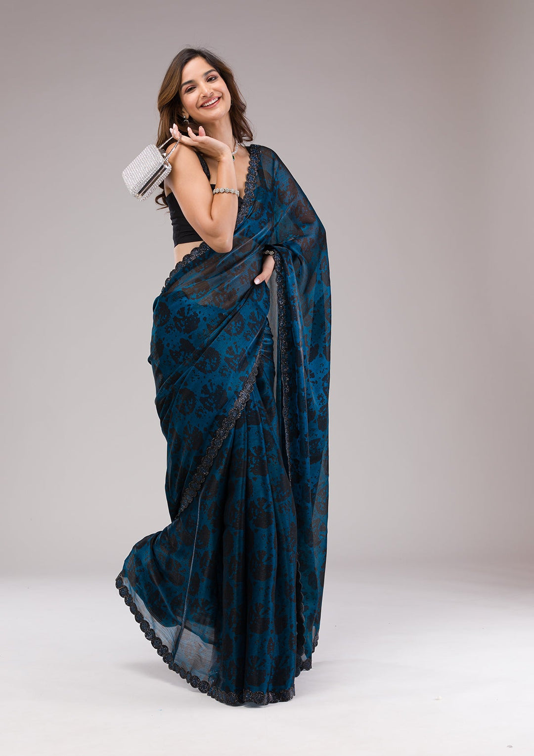 Peacock Blue Printed Organza Saree-Koskii